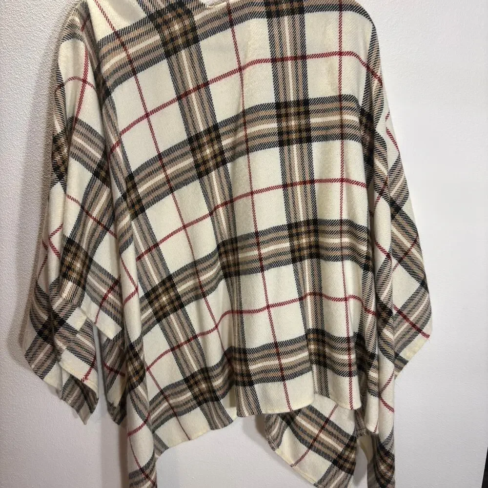 V. Fraas Plaid Ruana Poncho Wrap Shawl Ivory Tan Burgundy One Size - Picture 4 of 5
